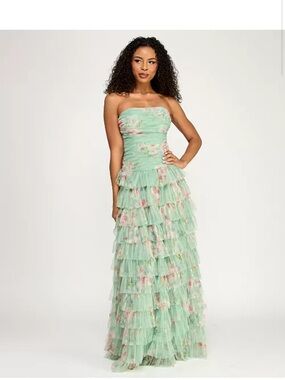 Strapless Mint Floral Tiered Ruffle Gown
